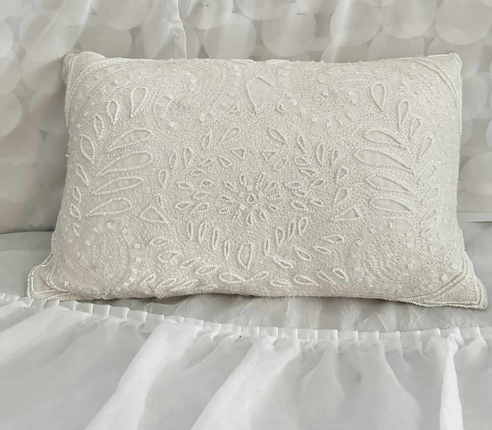 VTG Pier One White Accent Pillow Embroidered Beaded Flowers Rectangular Lumbar